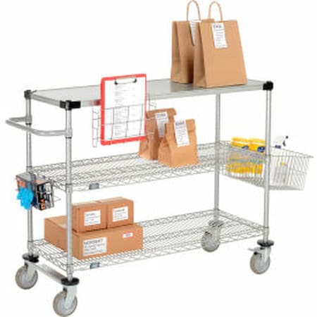 Global Equipment Nexel    Curbside Cart, Chrome, 48"L x 18"W x 40"H, 2 Wire, 1 Solid Shelf, Polyurethane Casters CS18482C